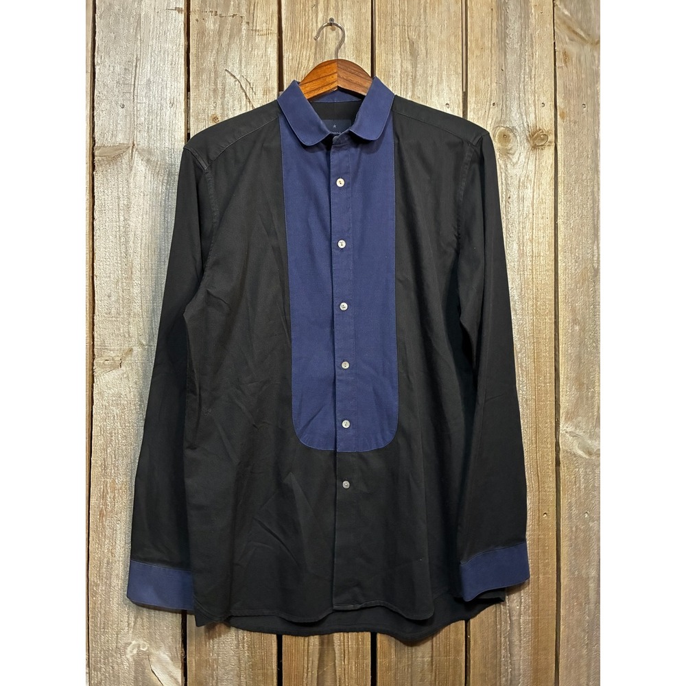 Topman Mens Black Navy Blue Bib Front Club Collar Button Down Shirt Large